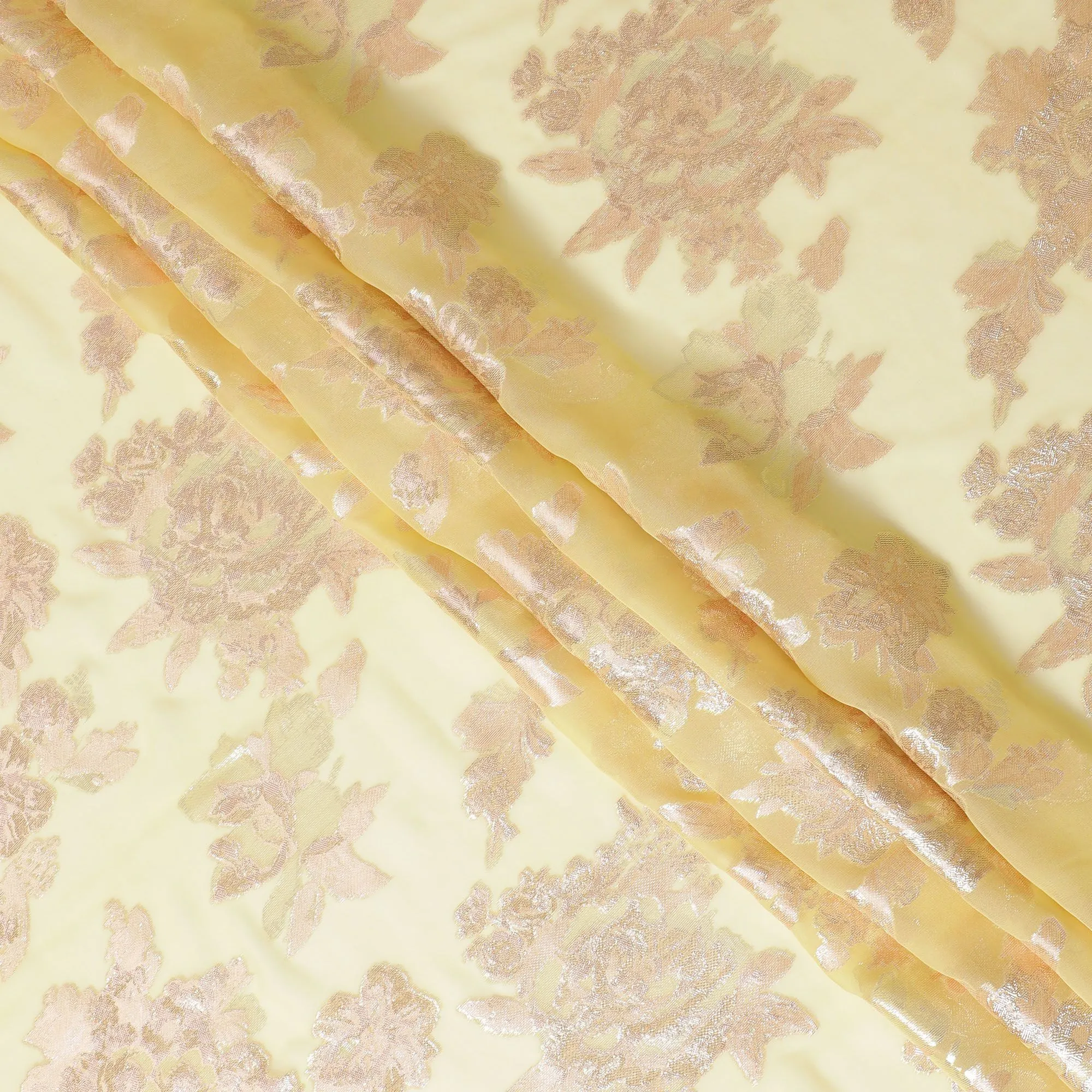 Butter Gold Floral Premium pure silk Chiffon Fabric with golden metallic lurex, 110cm Wide – Exquisite South Korean Textile-D17679