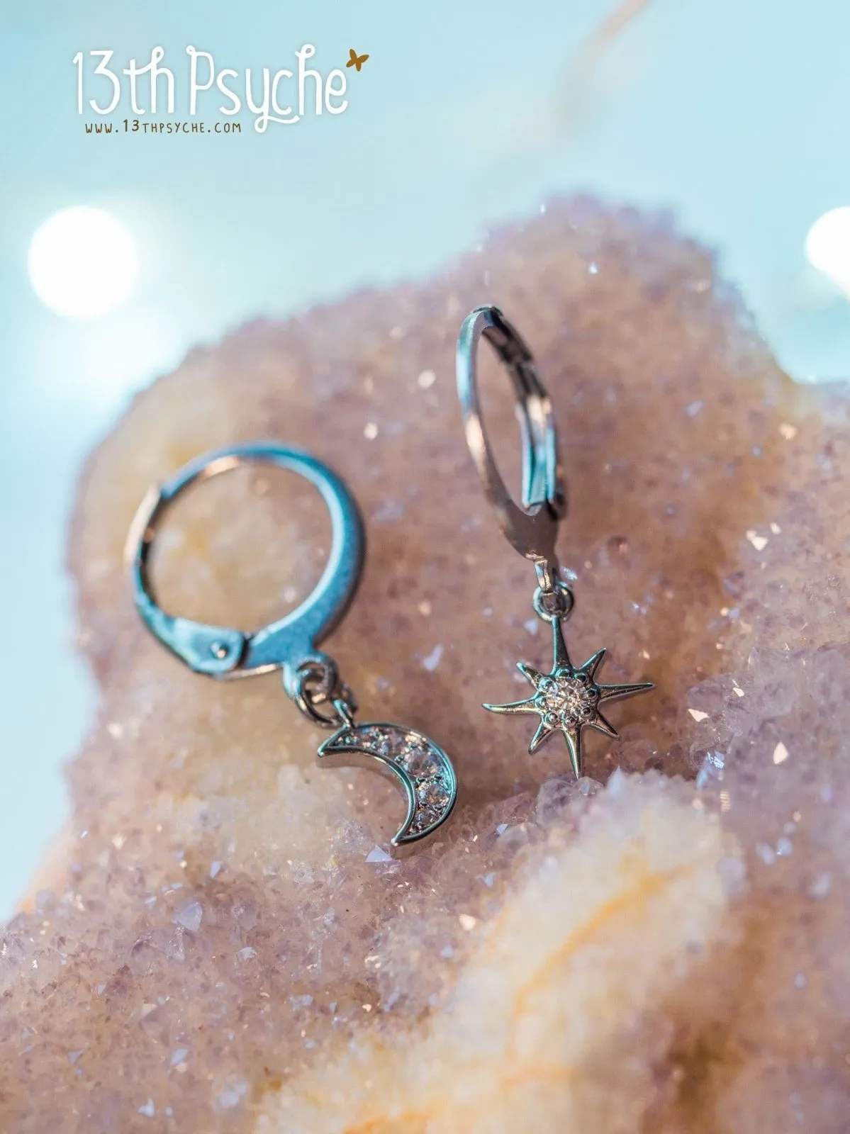 Cubic Zirconia moon and star silver huggie hoop earrings