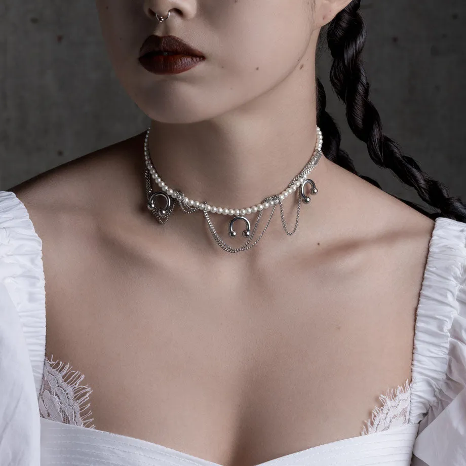 DECADENCE. Pearl & Chunky Barbell Collar - Silver