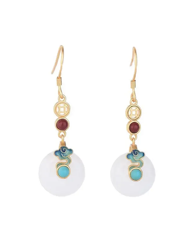 Elegant White Sterling Silver Overgild Inlaid Jade Xiang Yun Drop Earrings LY8956