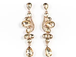 Fancy Elegant Long & Narrow Floral Pattern Style Topaz Crystals Gold Tone Dangle Fashion Earrings