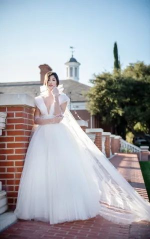 Folded Tulle - Simple A-Line V Neck Wedding Dress, White