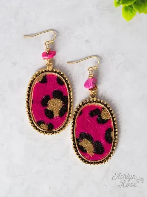 Furry with Stone Oval Earrings, Leopard Fuchsia