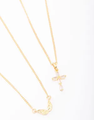 Gold Plated Wings & Diamante Cross Necklace 2-Pack