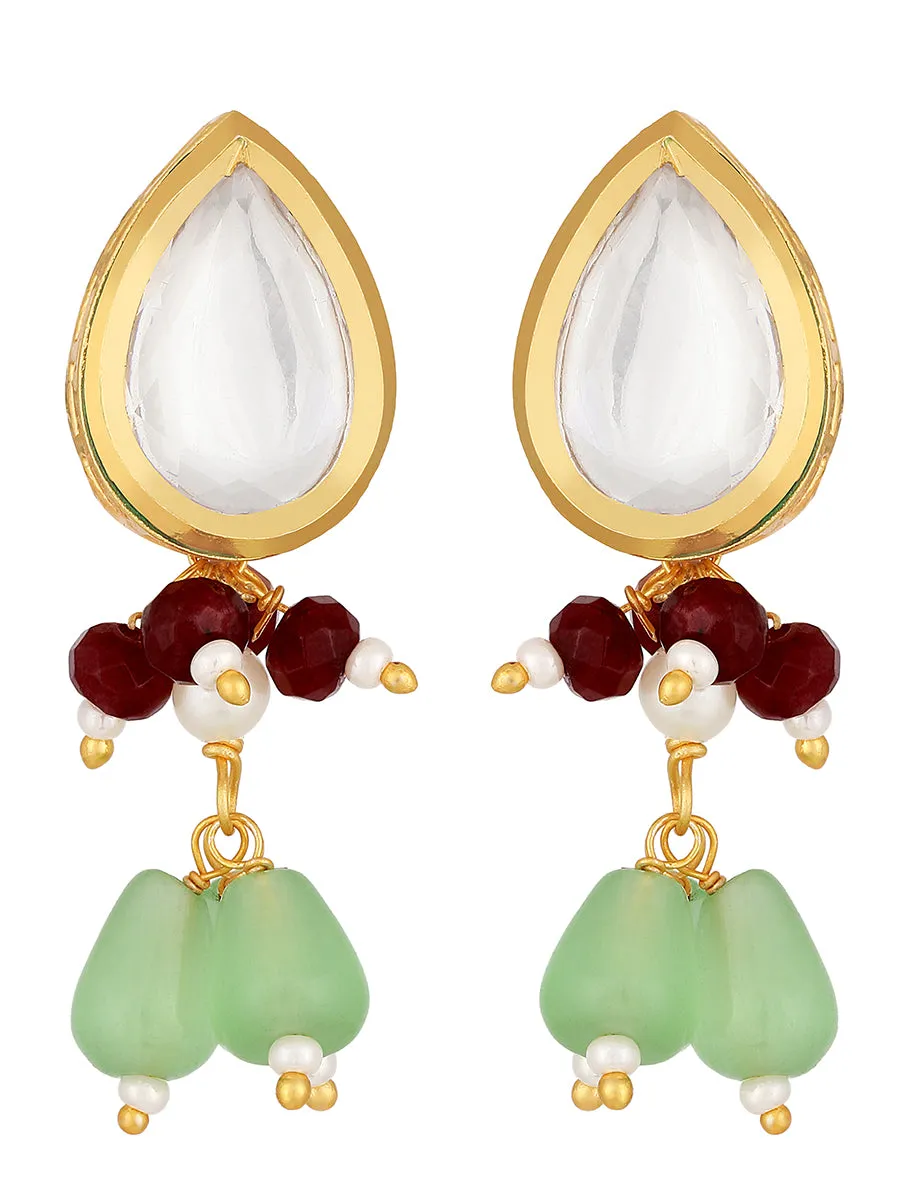 Golden, Mint Green, , Kundan Polki, Monalisa Agate Earrings