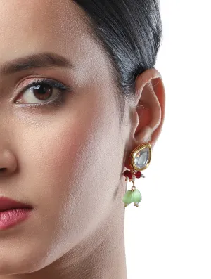 Golden, Mint Green, , Kundan Polki, Monalisa Agate Earrings