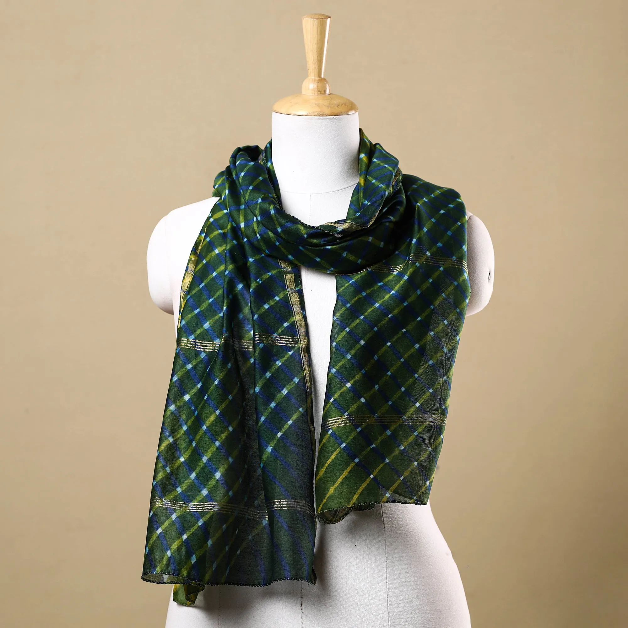 Green - Leheriya Tie-Dye Mothra Chanderi Silk Handloom Stole with Zari Border 19