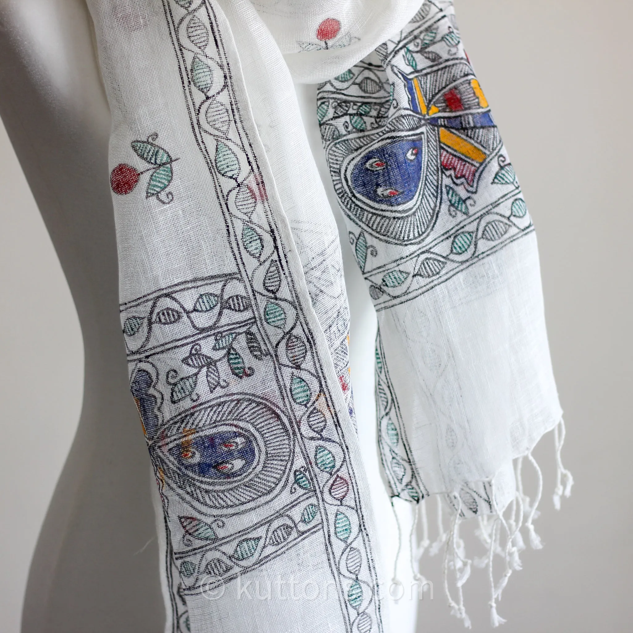 Hand-Painted, Handwoven Linen Wrap - Tribal Madhubani Painting | Long Tassels, White, 20x80"