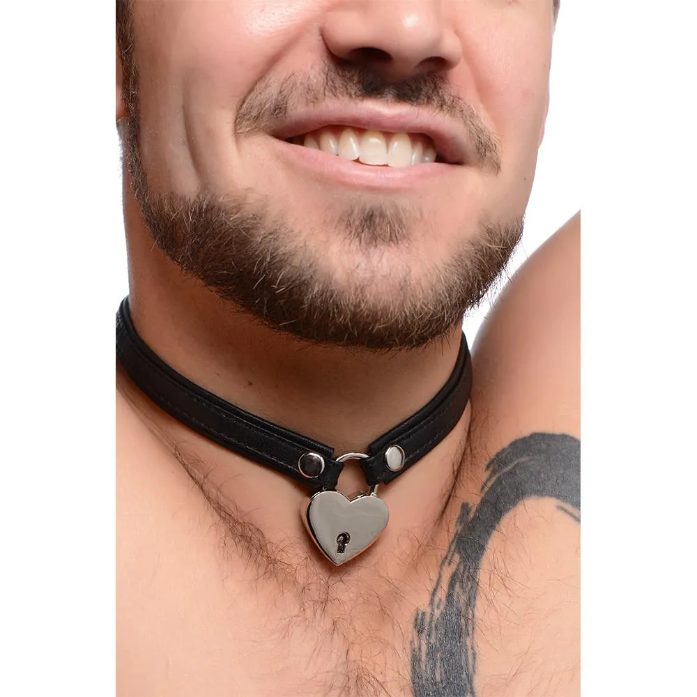 Heart Lock Leather Choker with Lock and Key