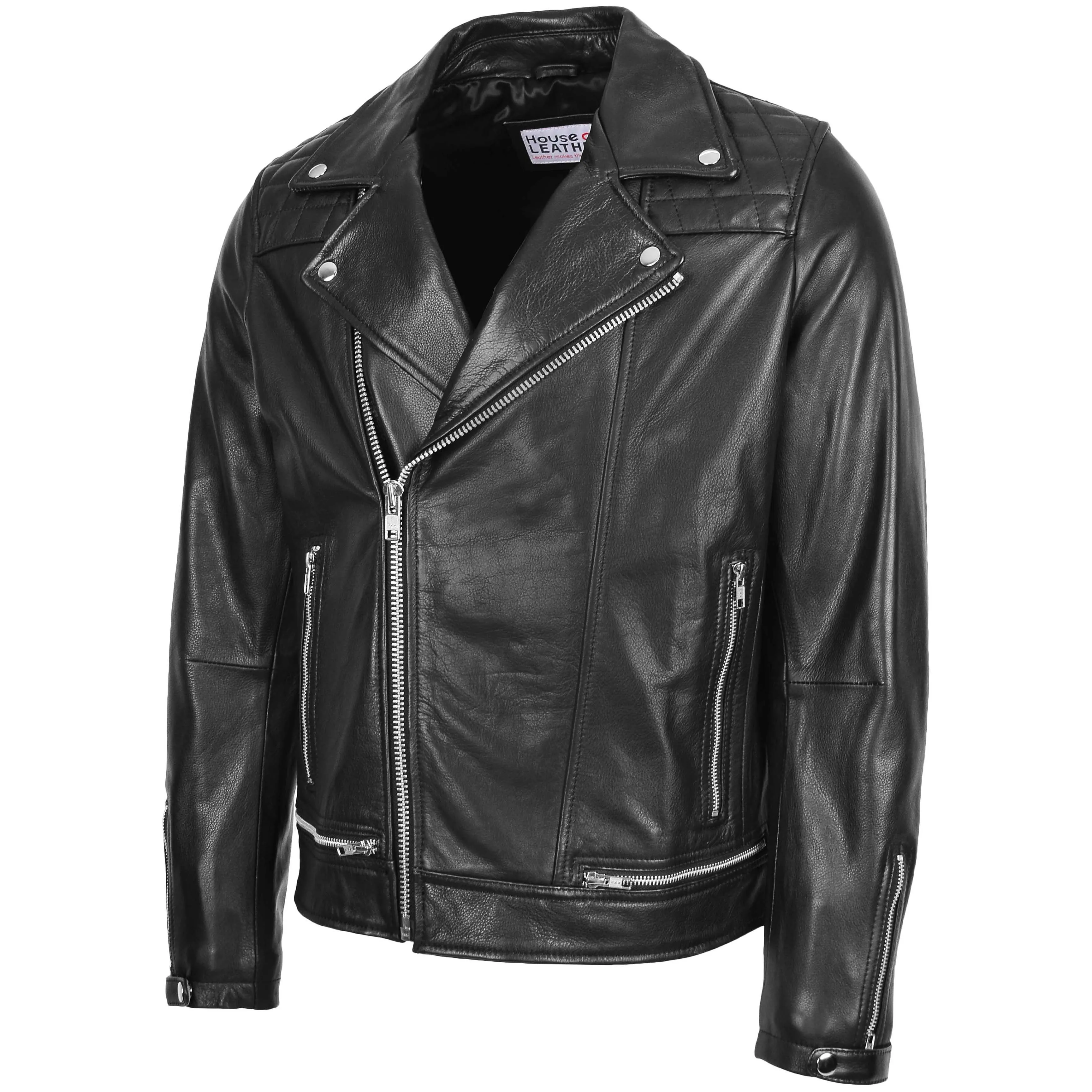 Mens Leather Biker Brando Design Jacket Sean Black