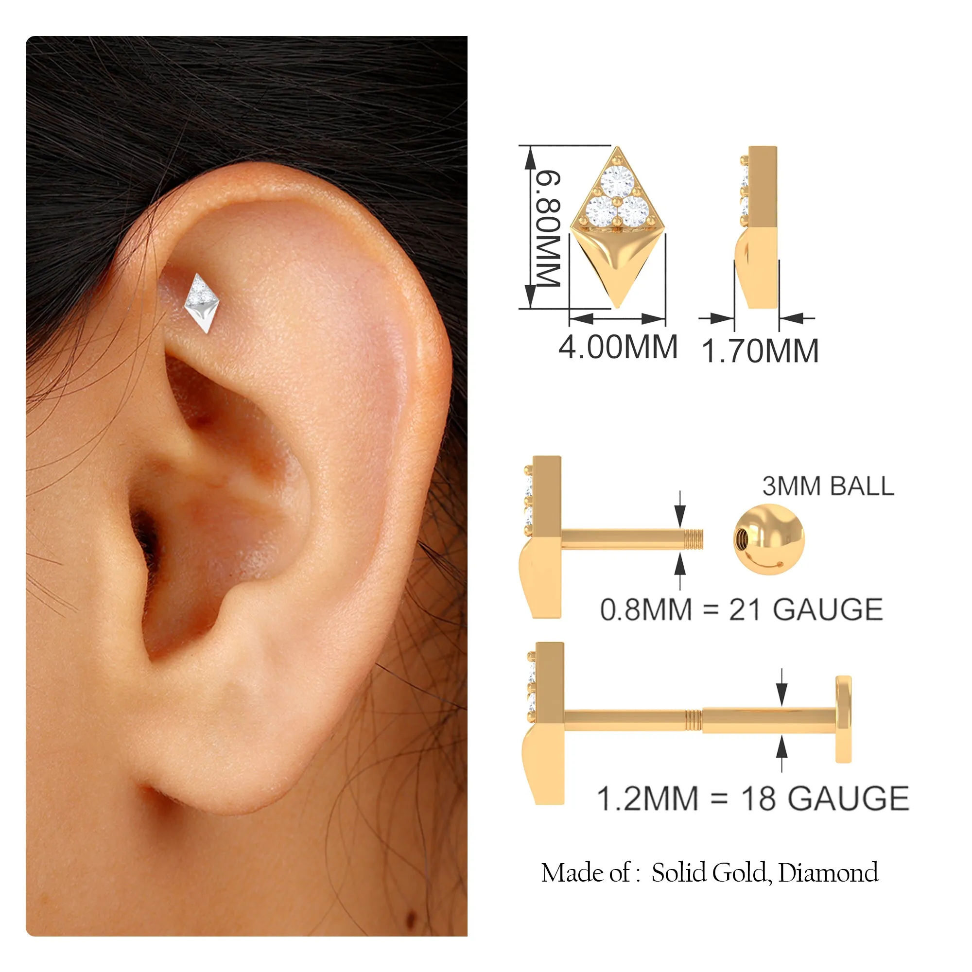 Natural Diamond Geometric Tragus Earring in Gold