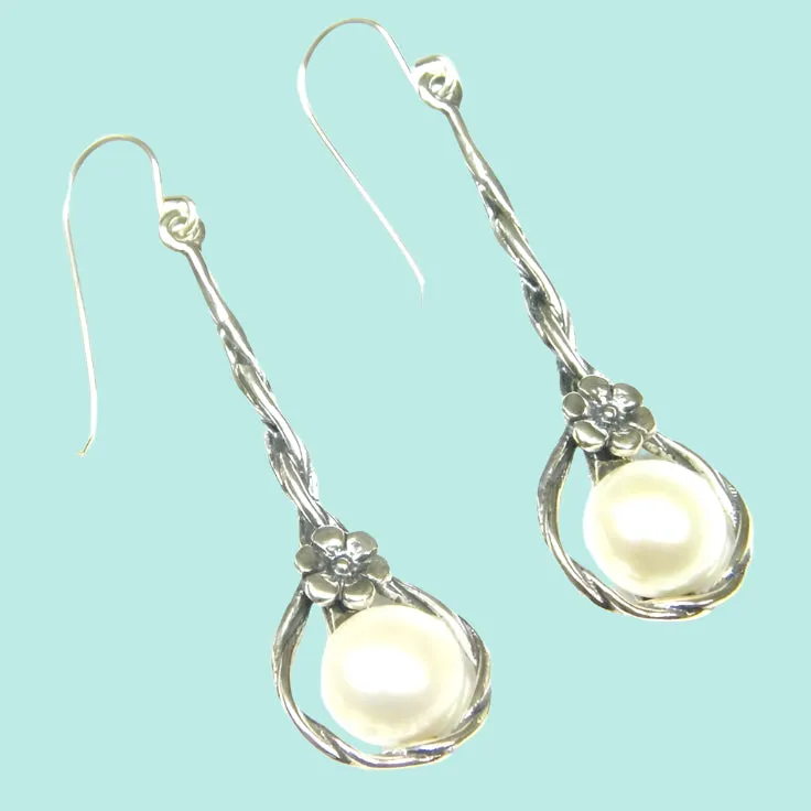 Pearl Earrings , Sterling silver earrings, dangling earrings, elegant earrings , silver jewelry