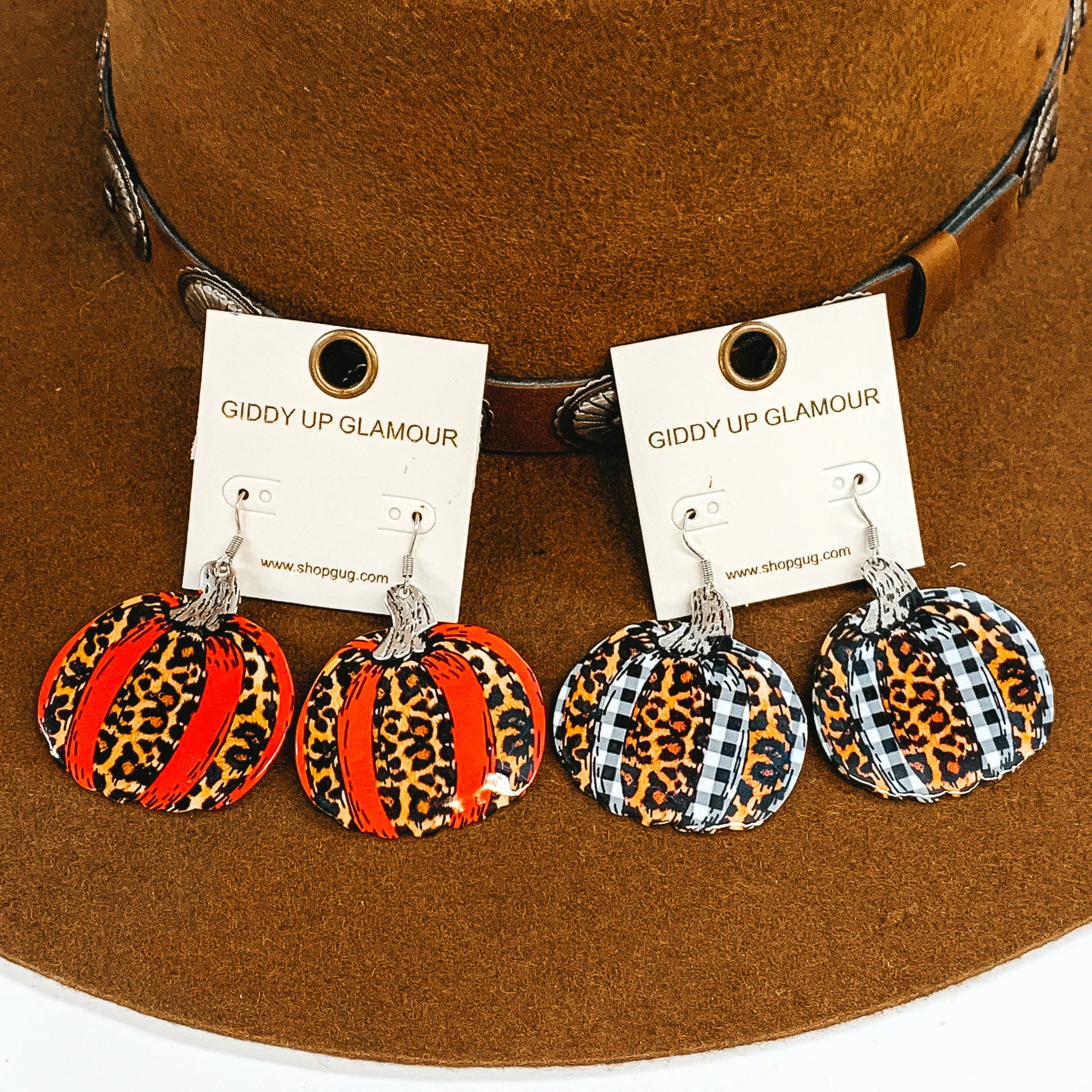 Pumpkin Metal Cutout Earrings in Leopard Print and Blood Orange