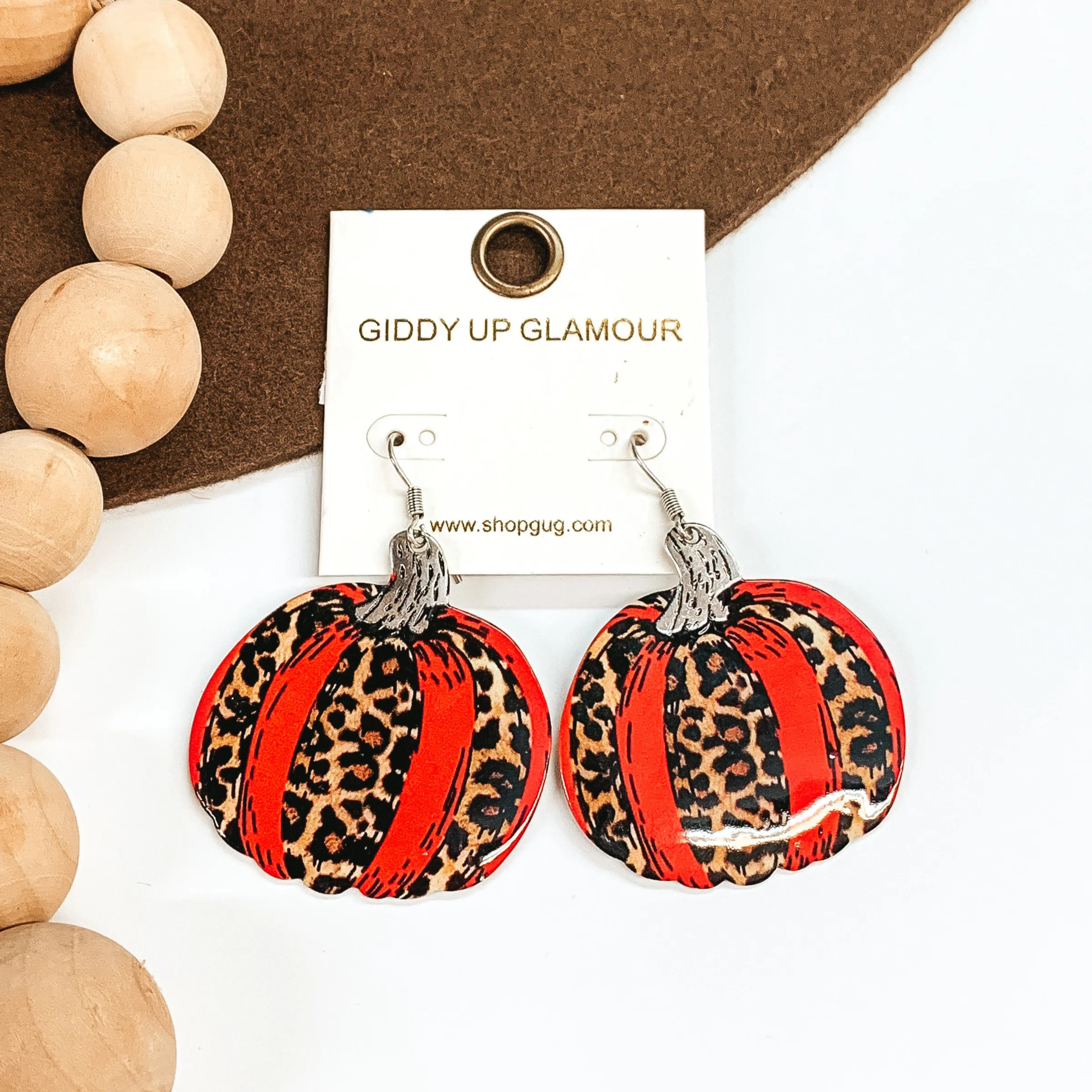 Pumpkin Metal Cutout Earrings in Leopard Print and Blood Orange