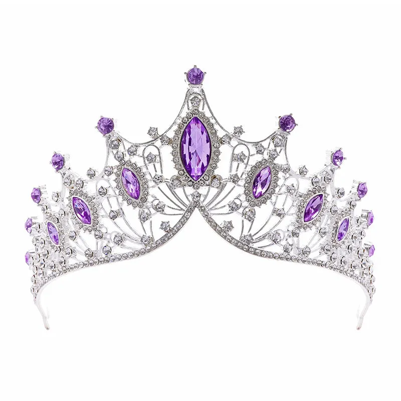 Purple Diamond Crown Wedding Bridal Tiara Dress Necklace Three-piece Wedding Accessories