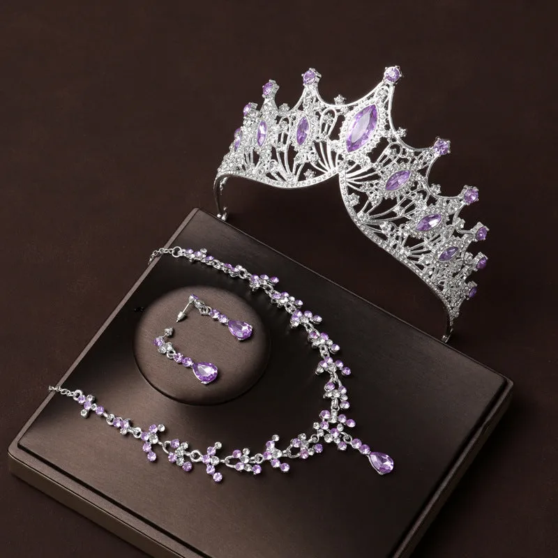 Purple Diamond Crown Wedding Bridal Tiara Dress Necklace Three-piece Wedding Accessories