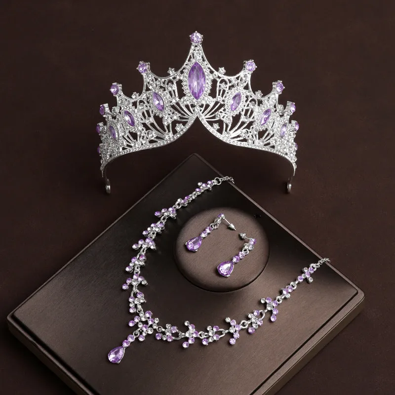 Purple Diamond Crown Wedding Bridal Tiara Dress Necklace Three-piece Wedding Accessories