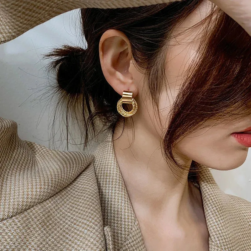 Retro Gold Circle Stud Earrings Women