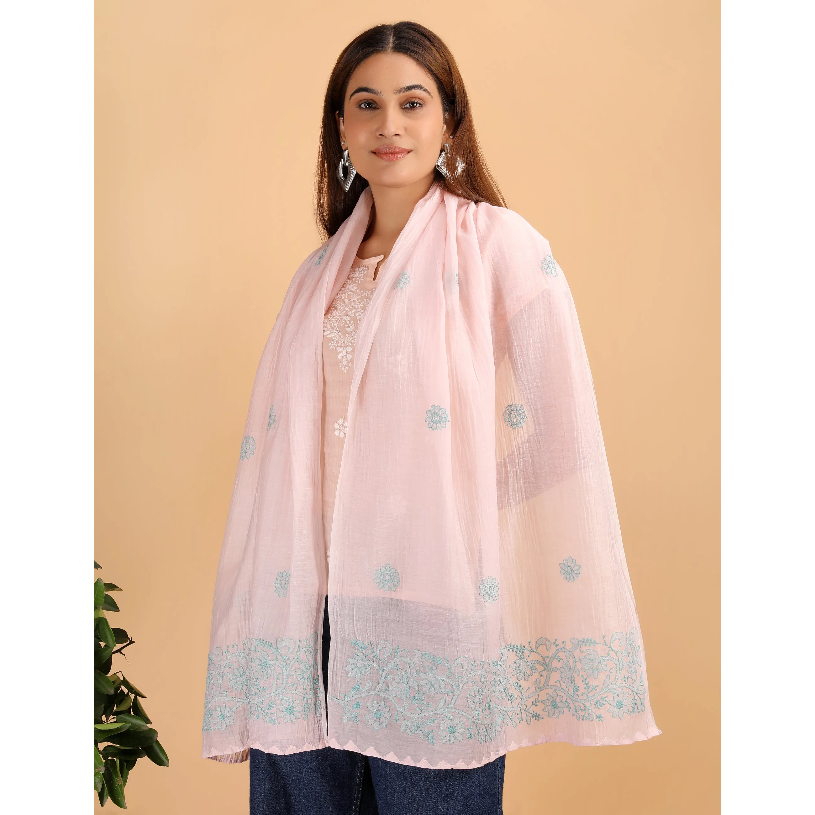 Shwet Women Peach Chikankari Chanderi Stole