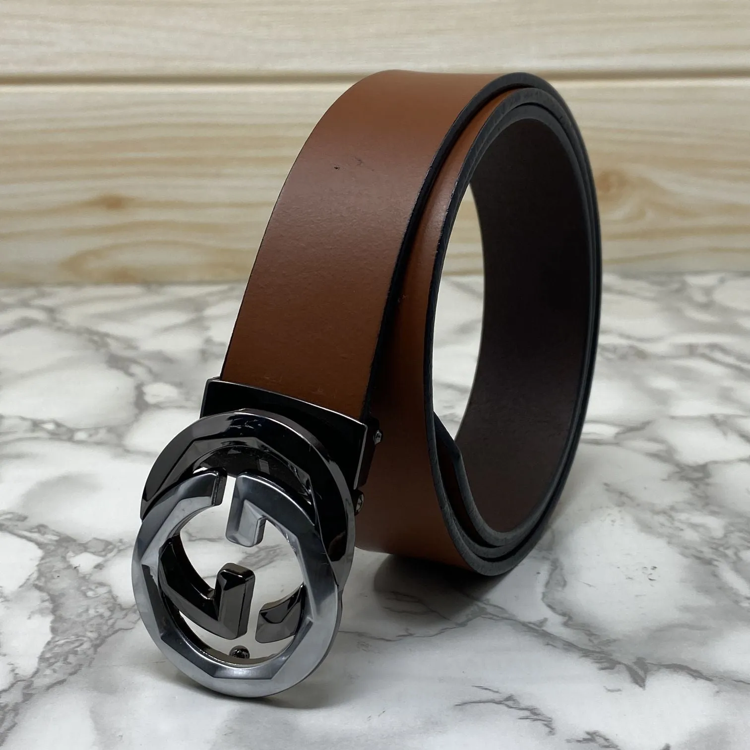 Two Tone Metal Round GG Leather Strap Belt-JonasParamount