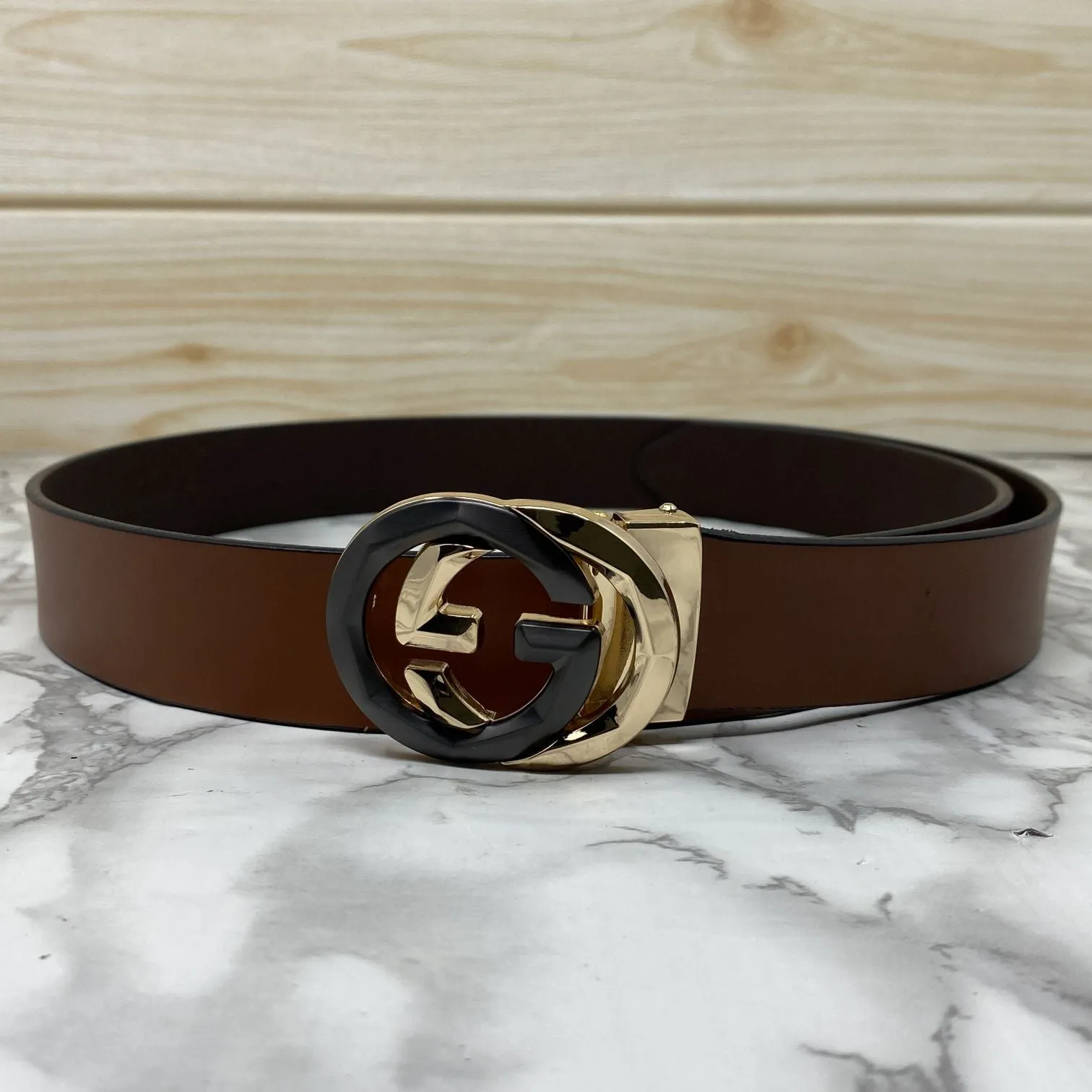 Two Tone Metal Round GG Leather Strap Belt-JonasParamount