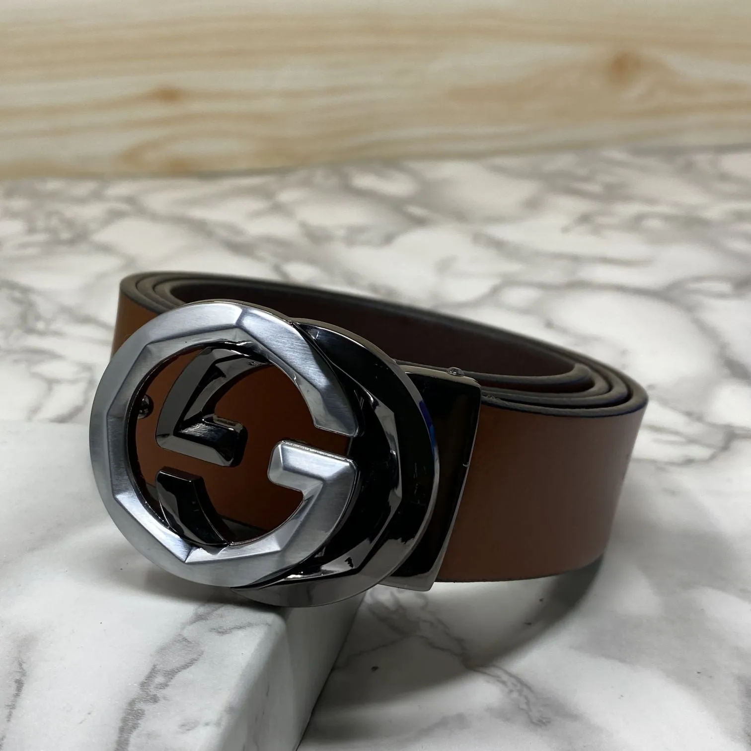 Two Tone Metal Round GG Leather Strap Belt-JonasParamount