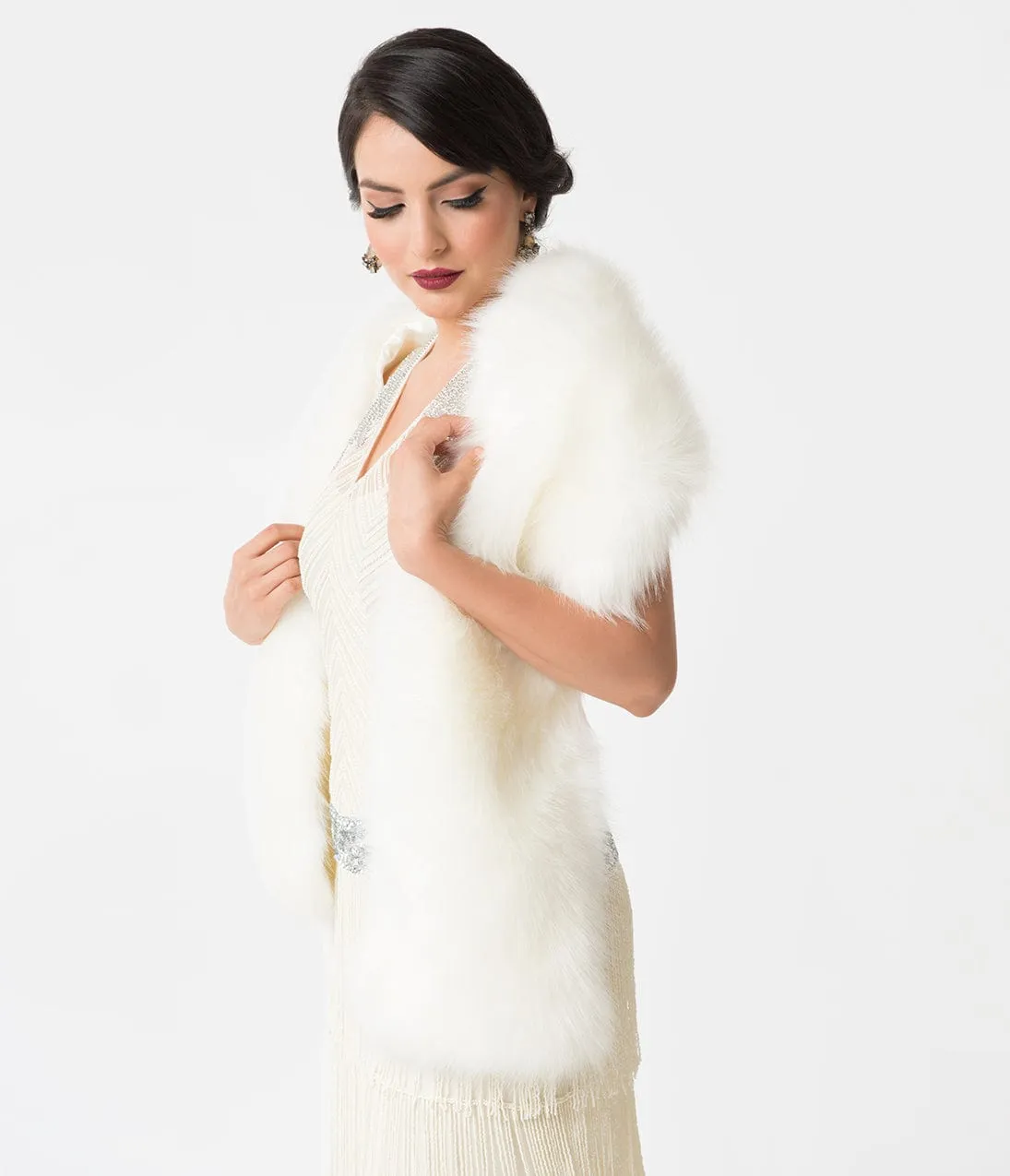 Unique Vintage White Ivory Faux Fur Stole