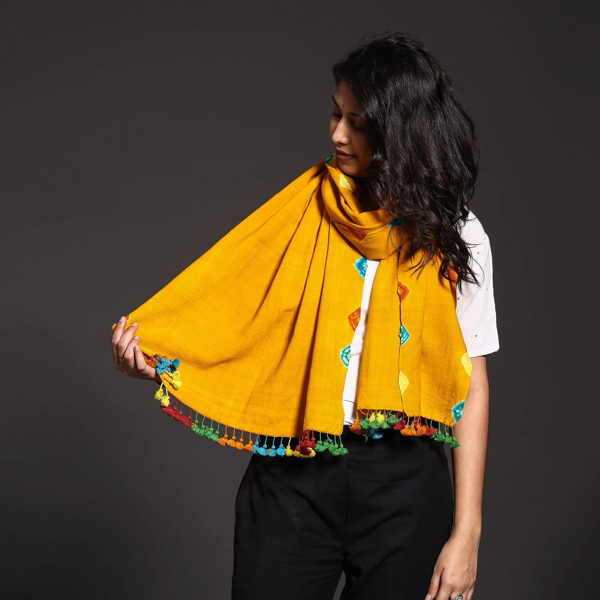 Yellow - Kutch Handwoven Shibori Tie-Dye Pure Merino Wool Stole